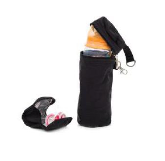 2. Black bottle holder and pacifier bag with zipper and carabiner, shown with baby bottle and pacifiers