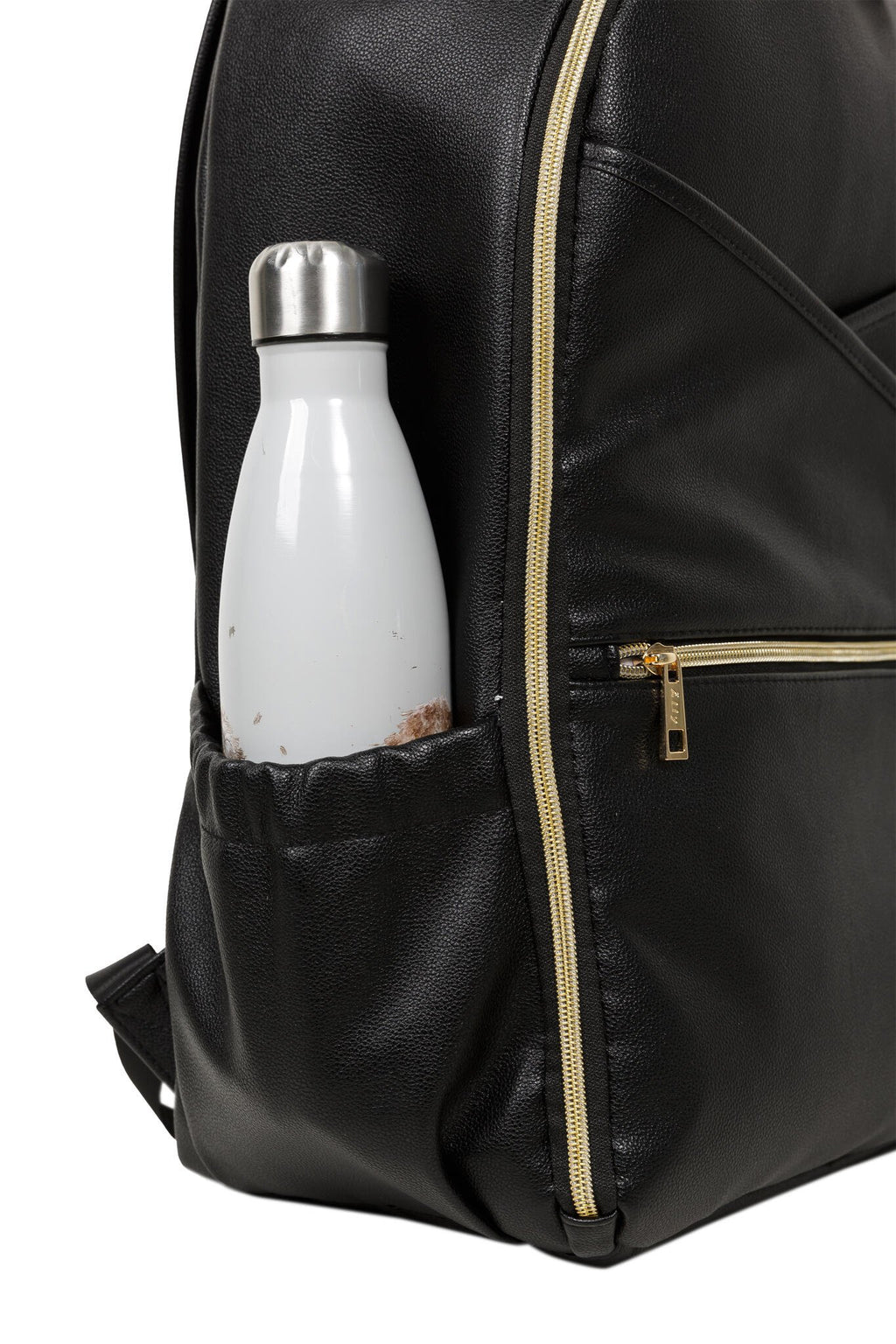 11. Close-up of side pocket on Ally Scandic Espresso Diaper Backpack with water bottle