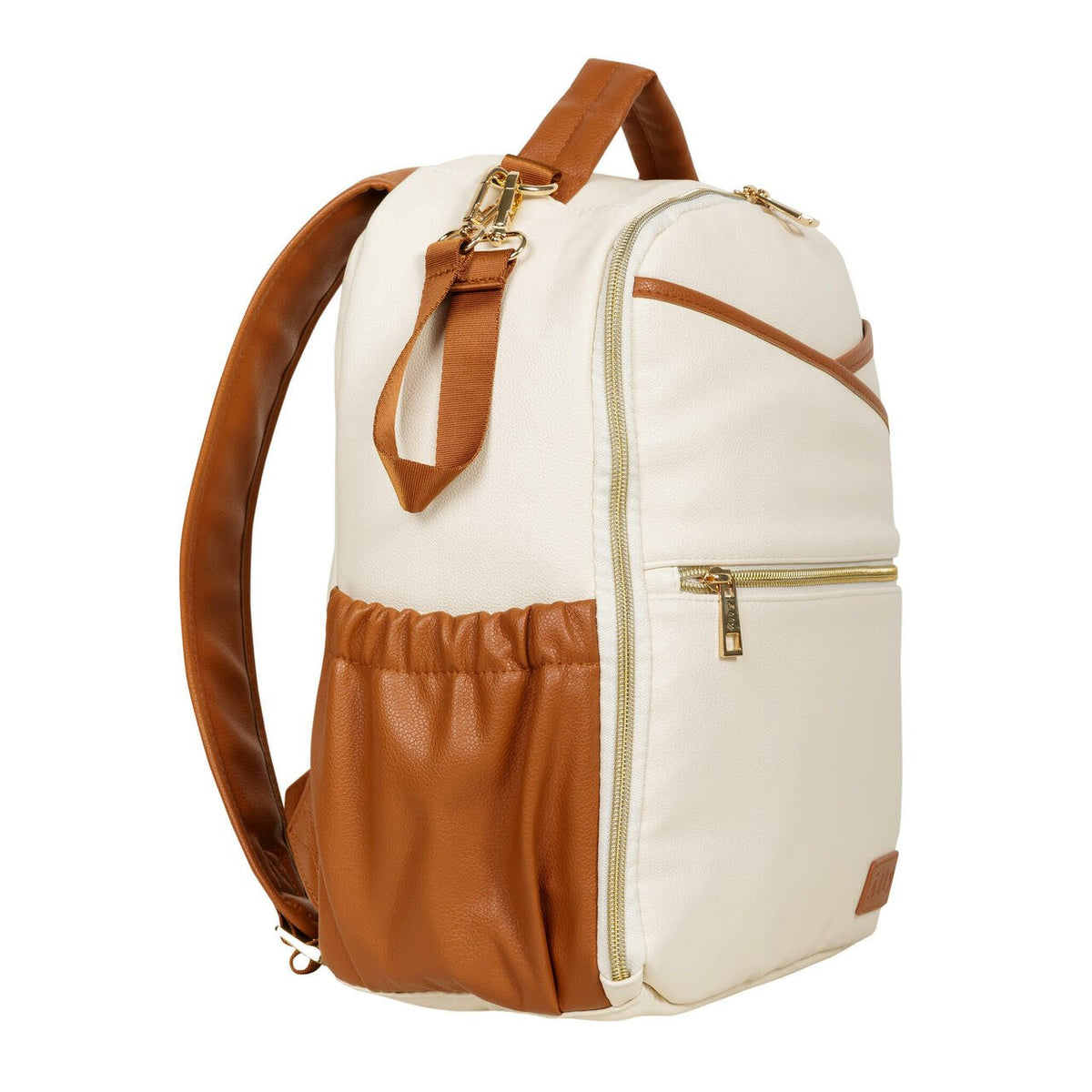 21. Side view of Ally Scandic small cappuccino diaper backpack with adjustable straps and side pocket