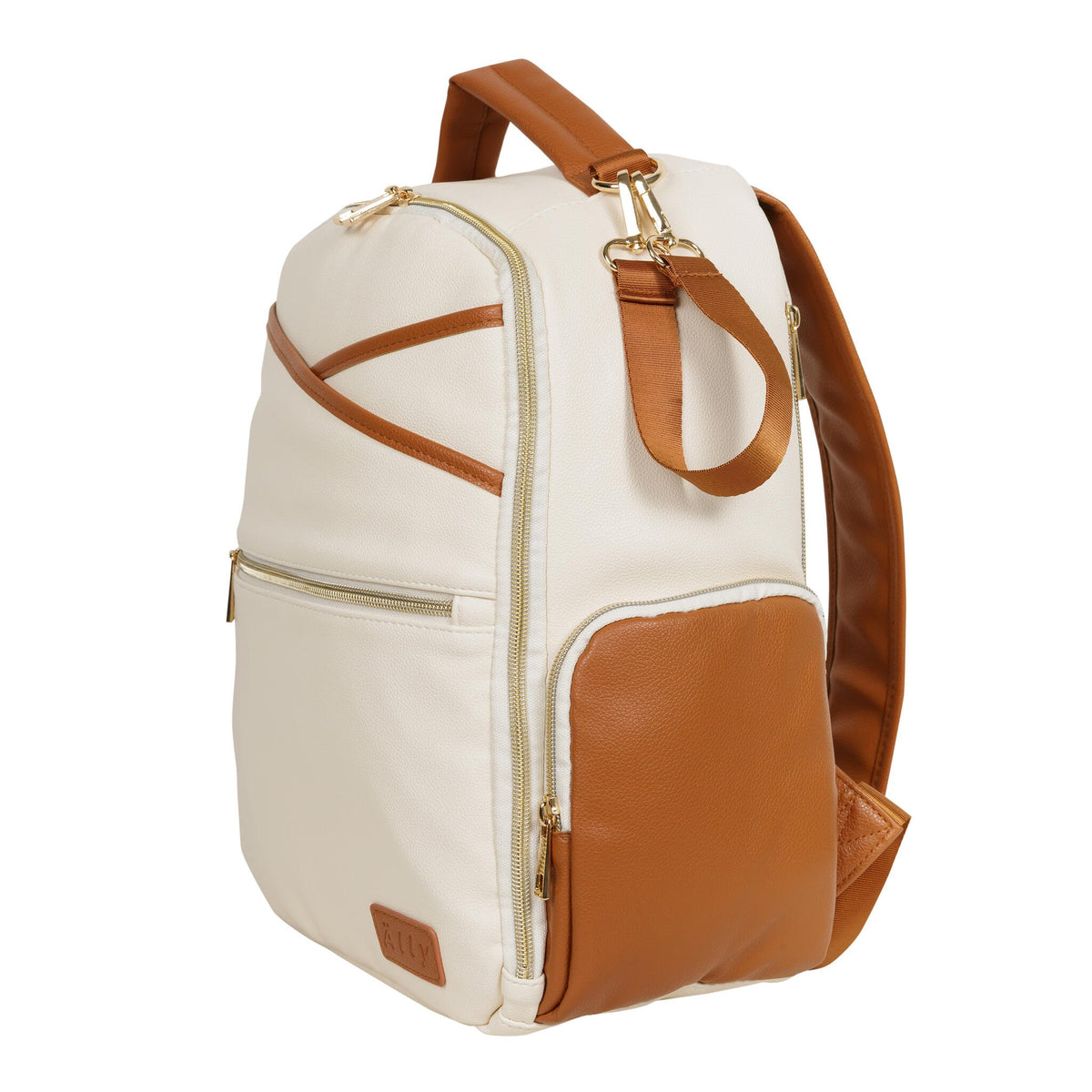11. Back view of Ally Scandic small cappuccino diaper backpack with adjustable straps in studio