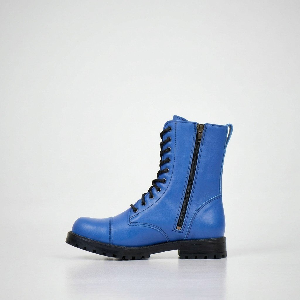2. Unisex blue leather boot with side zipper and black laces on white background