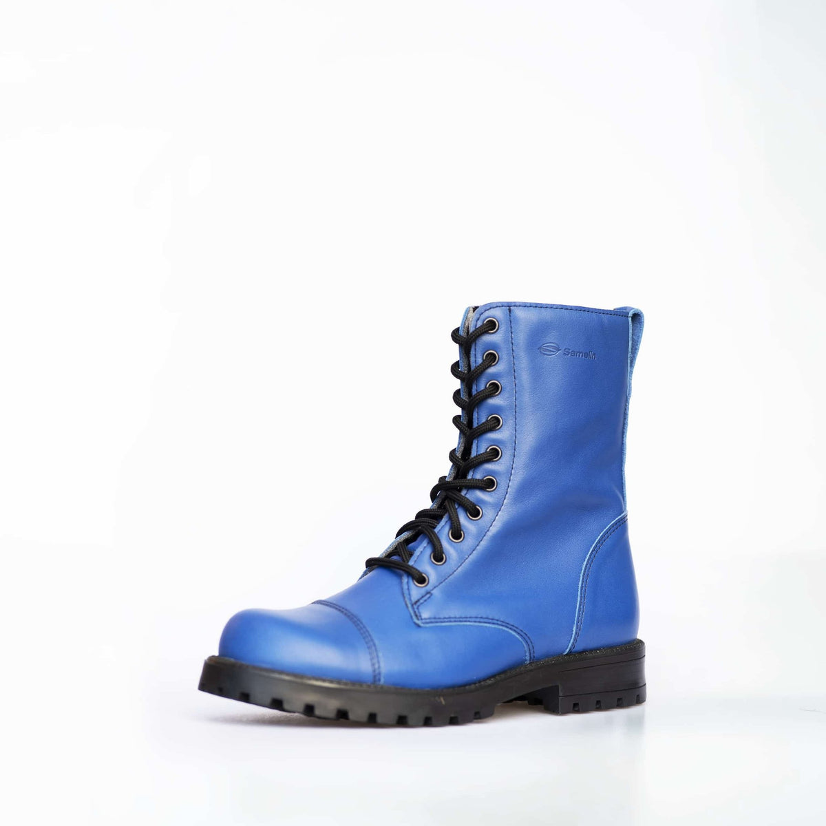 2. Unisex blue leather boot with black laces and side view on white background