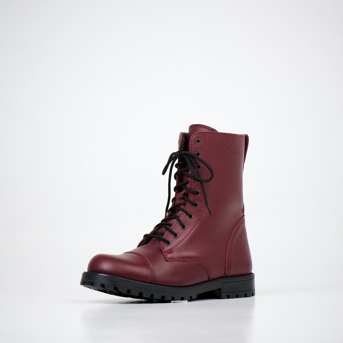 5. Unisex burgundy winter boots by Samelin, angled view highlighting lace-up front and sturdy sole