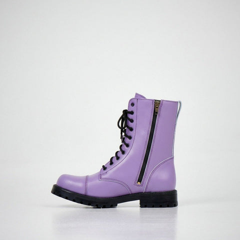 3. Side view of unisex purple leather boot with black laces and visible zipper on white background