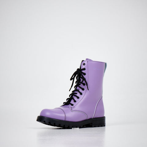 4. Angled view of unisex purple leather boot with black laces and rugged sole on white background