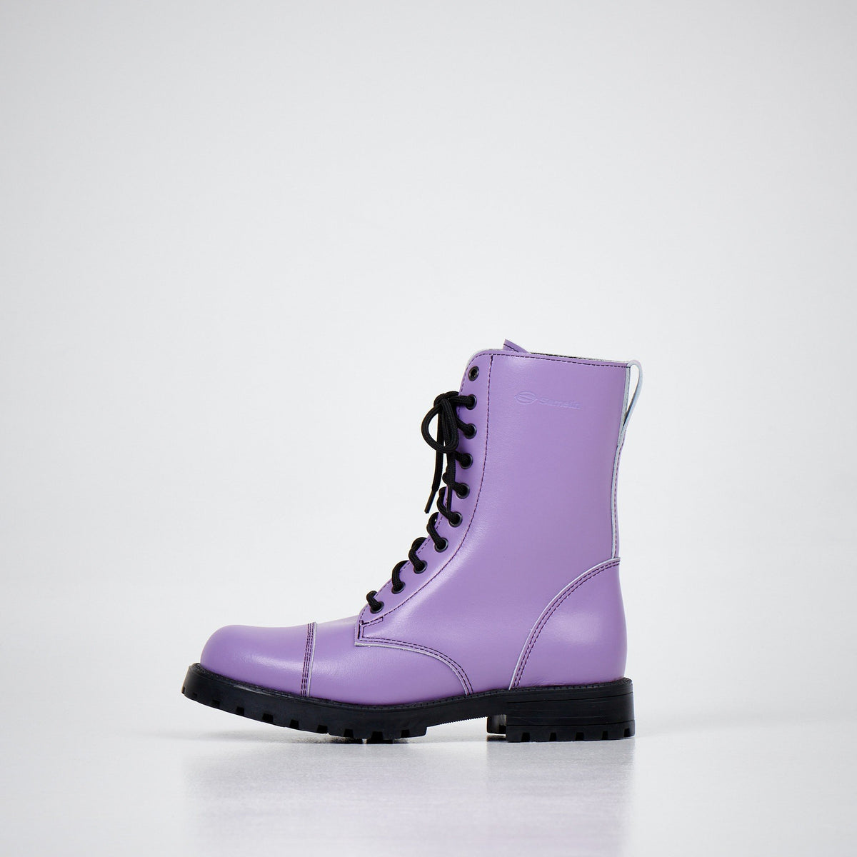 1. Unisex purple leather boot with black laces and rugged sole shown in side view on white background
