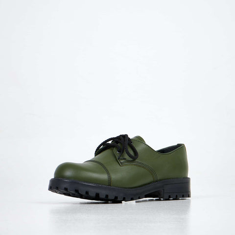 1. Unisex green leather Samelin Green Widgets shoes in studio setting, showcasing military-grade quality and robust design