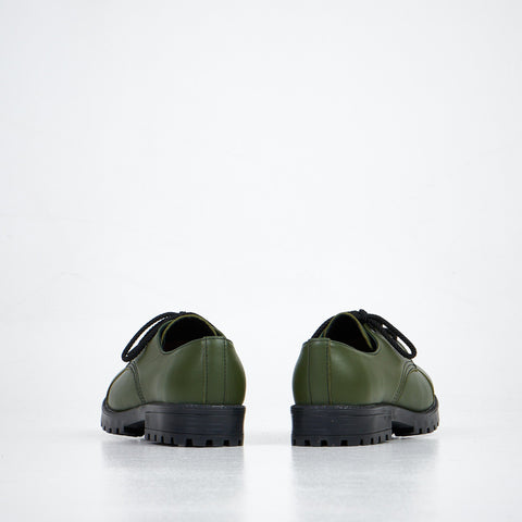 3. Back view of unisex green Samelin Green Widgets shoes, emphasizing sturdy construction and direct-injected PU outsole