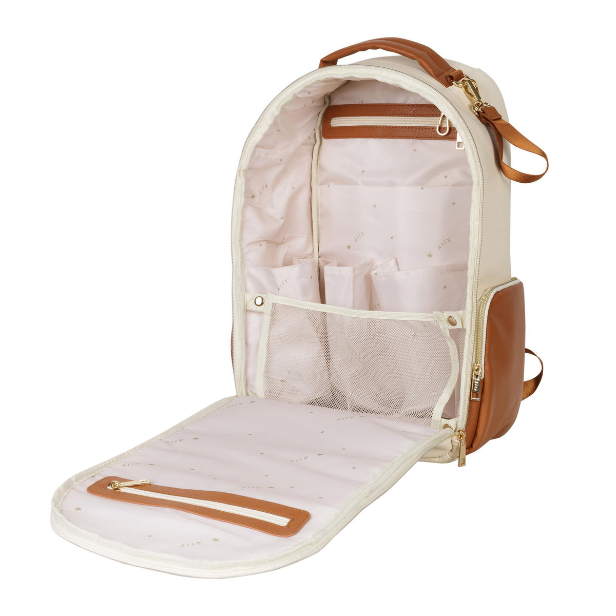 12. Open view of Ally Scandic small cappuccino diaper backpack showing interior compartments
