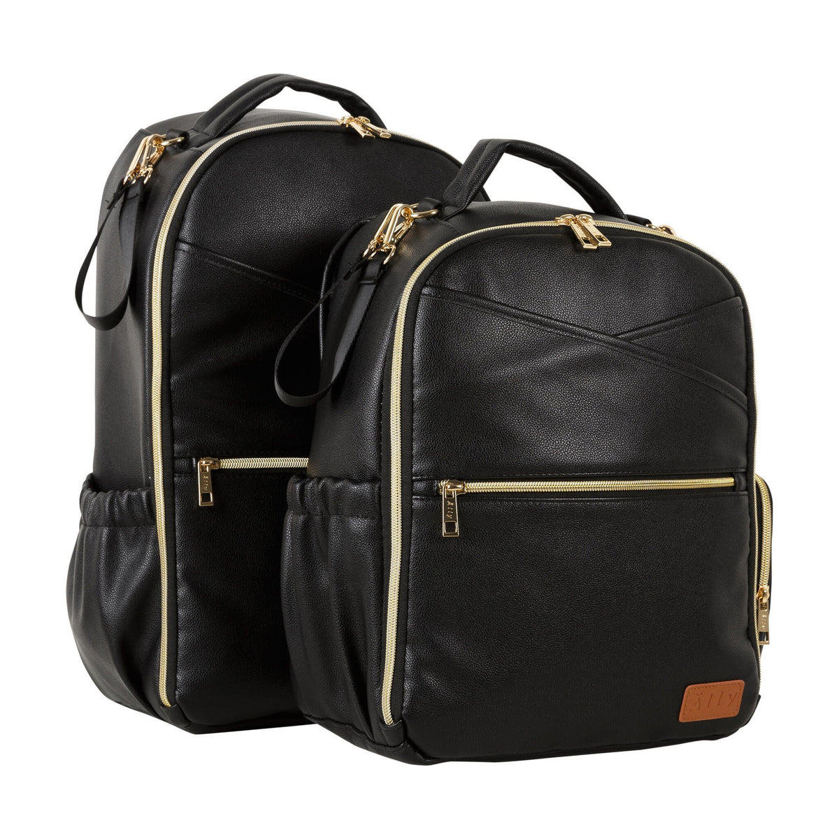 5. Pair of Ally Scandic Espresso Diaper Backpacks in studio, highlighting front and side views