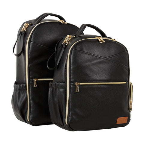 5. Pair of Ally Scandic Espresso Diaper Backpacks in studio, highlighting front and side views