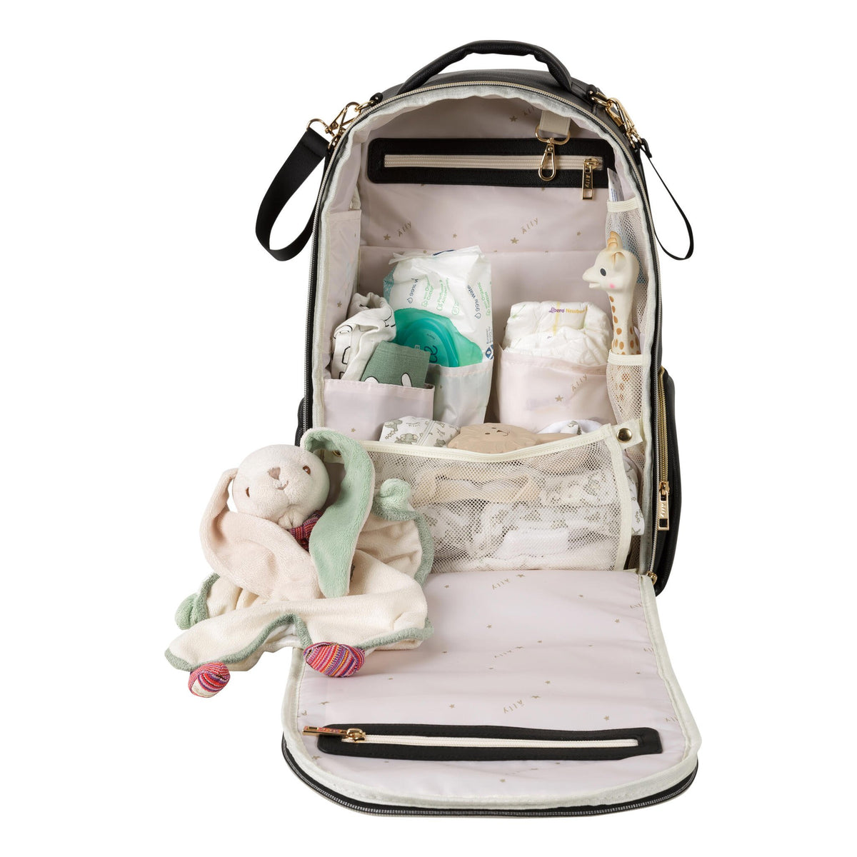 7. Open Ally Scandic Espresso Diaper Backpack showing organized interior with baby essentials