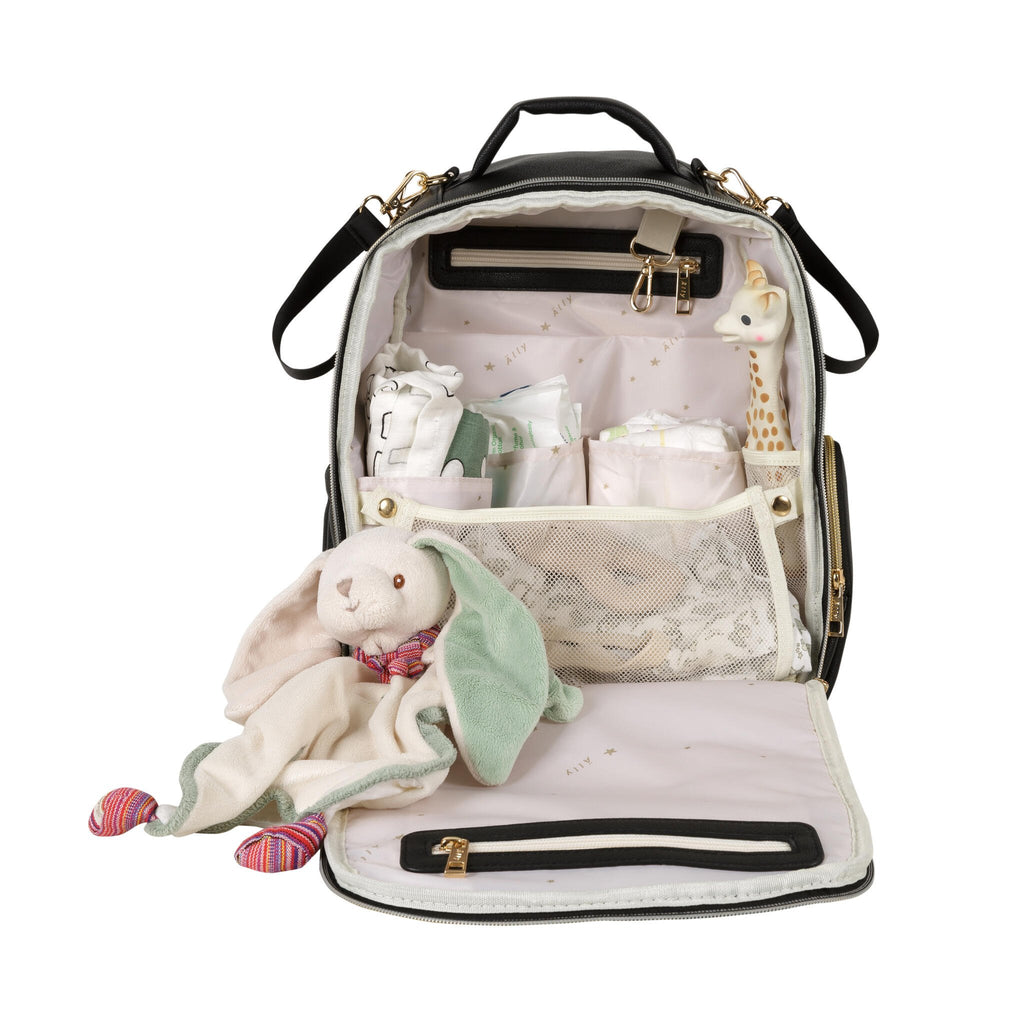 22. Open view of Ally Scandic Small Espresso Diaper Backpack with baby items inside