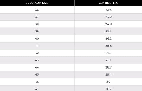5. Size chart for Samelin 516 High Aviator Boots, showing European sizes 36 to 47 with corresponding centimeters