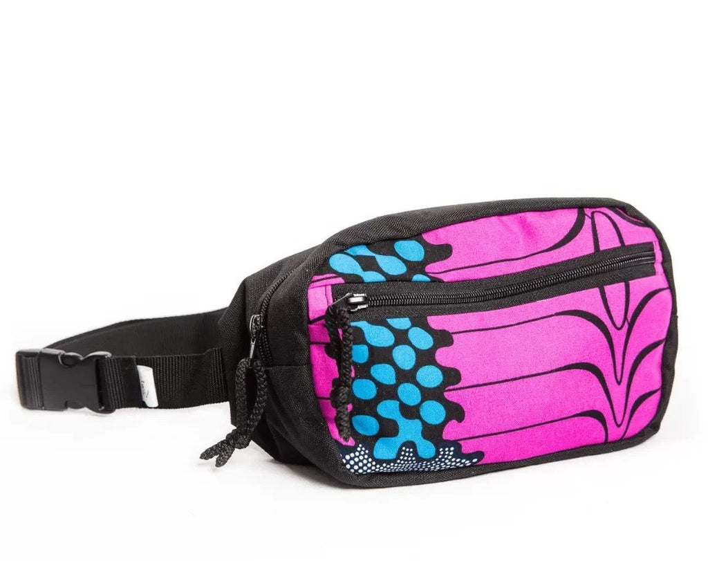 2. Side view of Drinbags pink waist bag with adjustable black strap and vibrant design
