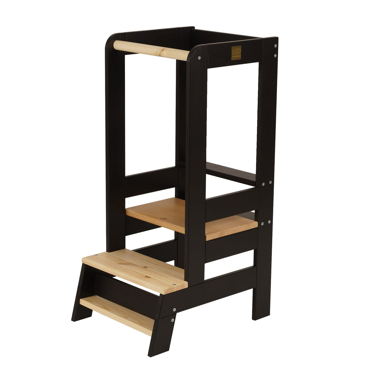 2. MeowBaby wooden kitchen helper for children in black with natural pine wood steps and adjustable platform, shown in studio setting highlighting stable construction and minimalistic design