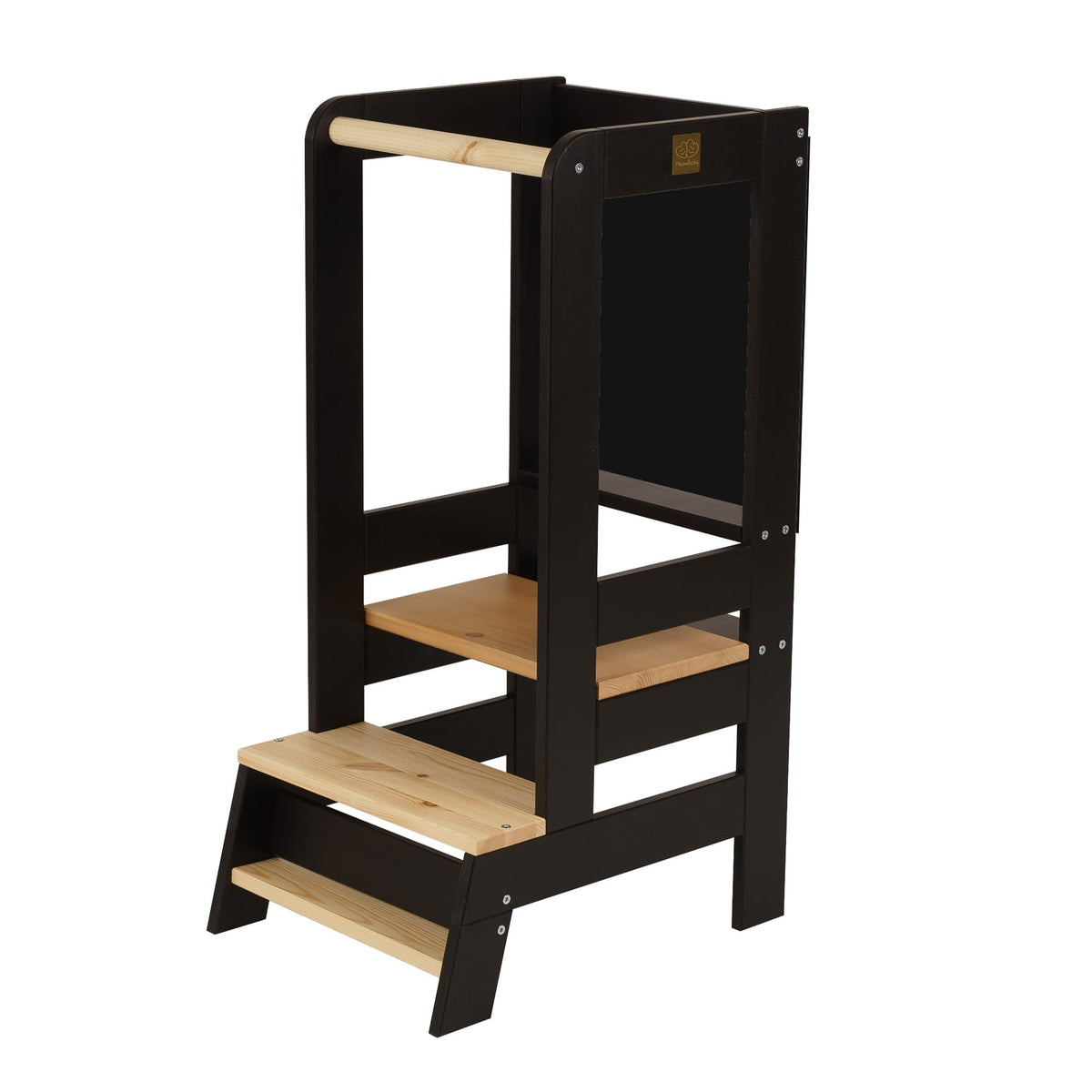 2. MeowBaby wooden kitchen helper for children in black with natural pine wood steps, shown in studio setting highlighting adjustable platform and stable design