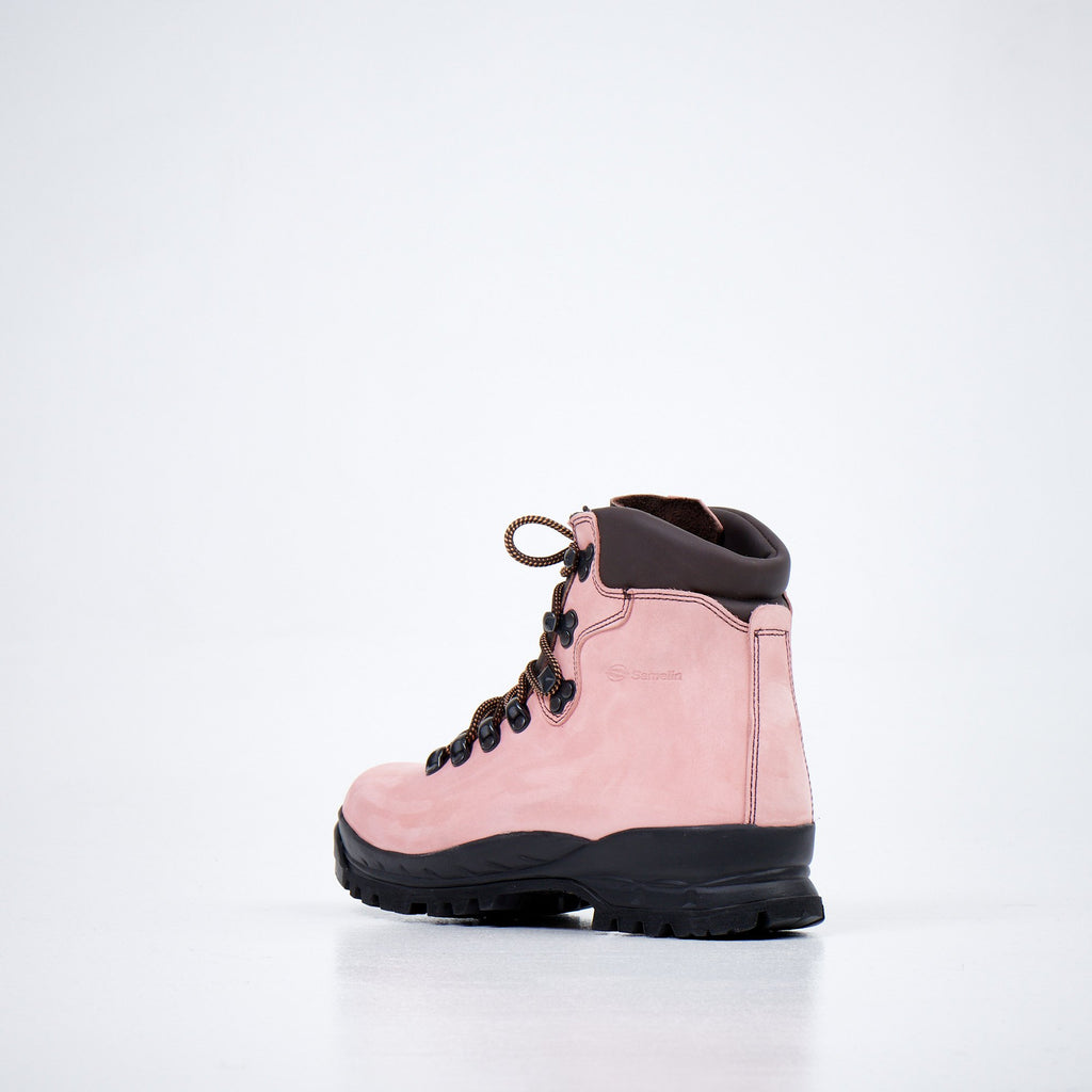 2. Unisex 5531 Rose Hiking Boots by Samelin in pink, shown from back angle in studio