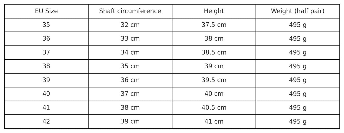 5. Size chart for women's high nappa leather boots showing EU sizes, shaft circumference, height, and weight