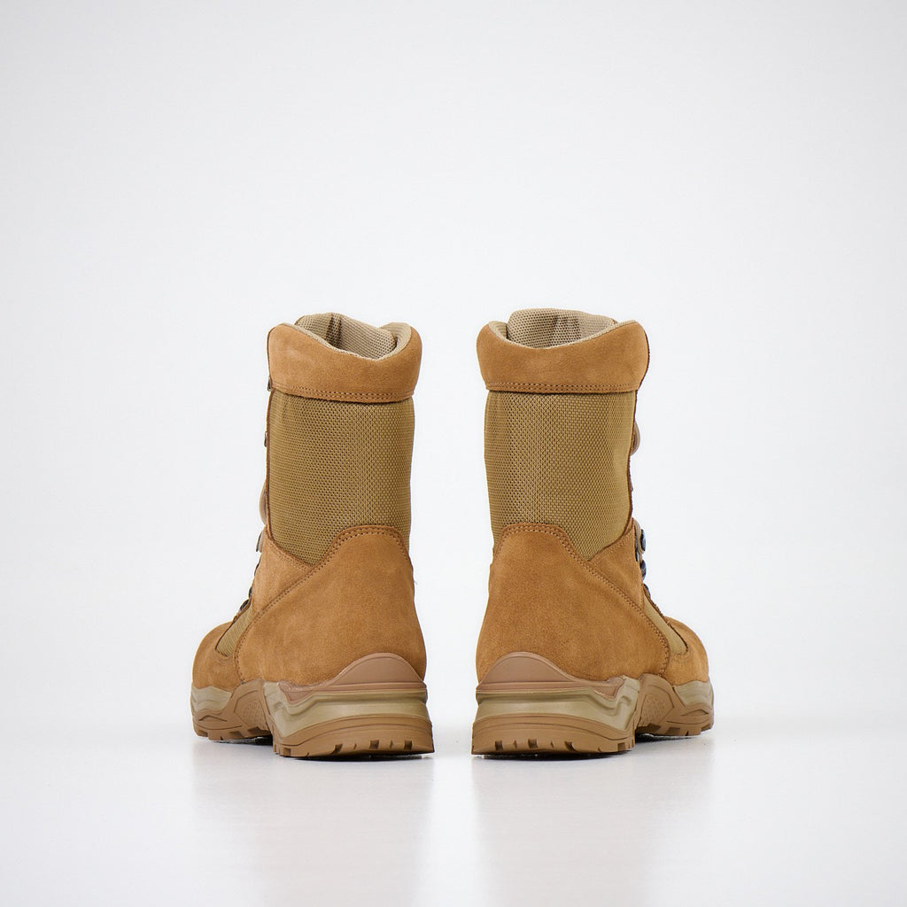 6. Back view of Samelin Combat Boots in tan, showing sturdy construction and design