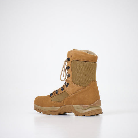 3. Samelin Combat Boots in tan, side view from the back showing breathable Coolmax textile lining