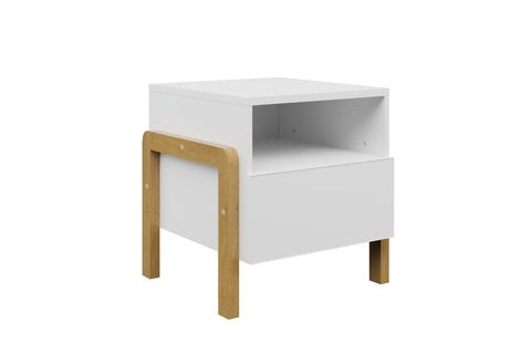 2. Studio shot of Kocot Kids Victor bedside table with white finish and natural oak legs, featuring one open and one closed shelf