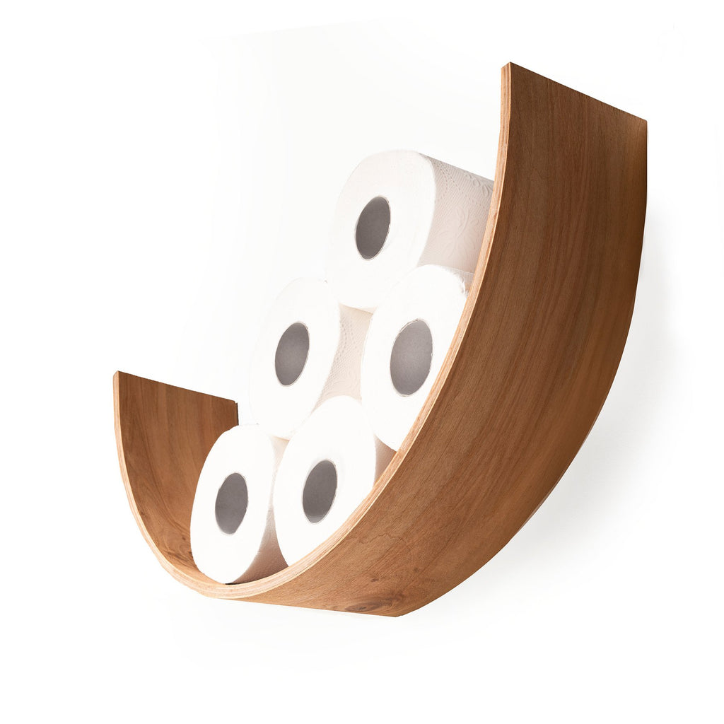 2. Studio shot of wooden toilet paper holder in smile shape holding five rolls, made from Baltic birch plywood, side view