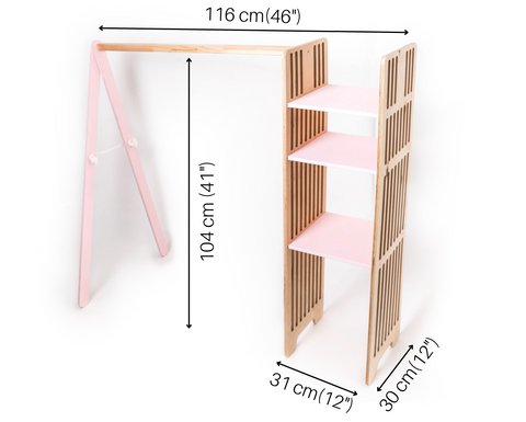 5. Size chart for Ewart Woods kids wooden clothing rack in pink with dimensions in centimeters and inches