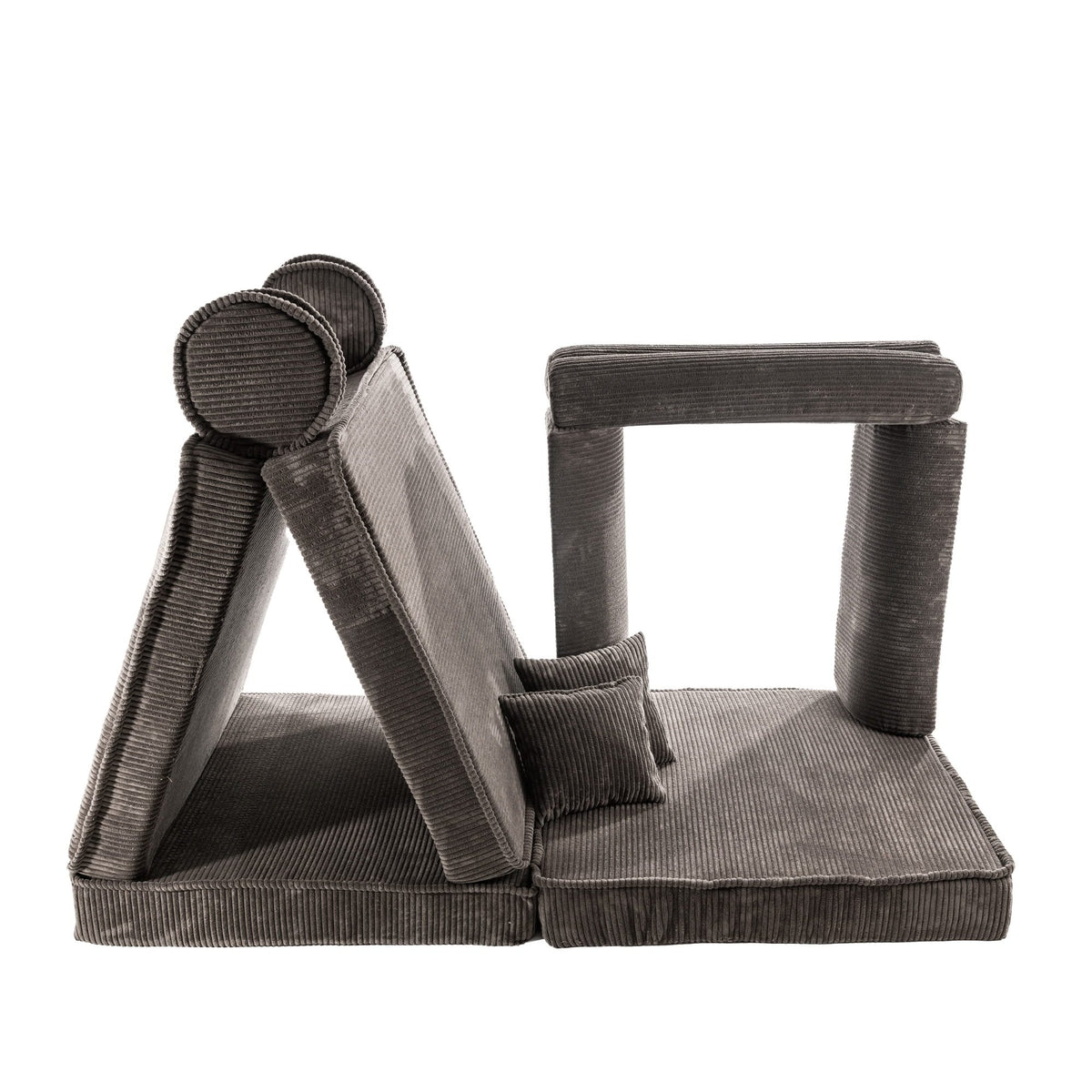 4. Brown corduroy modular sofa pieces arranged in a tent-like structure with cushions