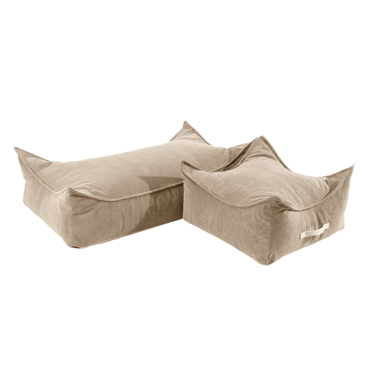 3. Two sand-colored corduroy poufs for children, one square and one rectangular, on white background