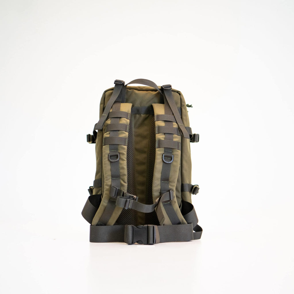 2. Back view of Galvi Linda Backpack 063 in military green, highlighting padded back panel and ergonomic straps, studio setting