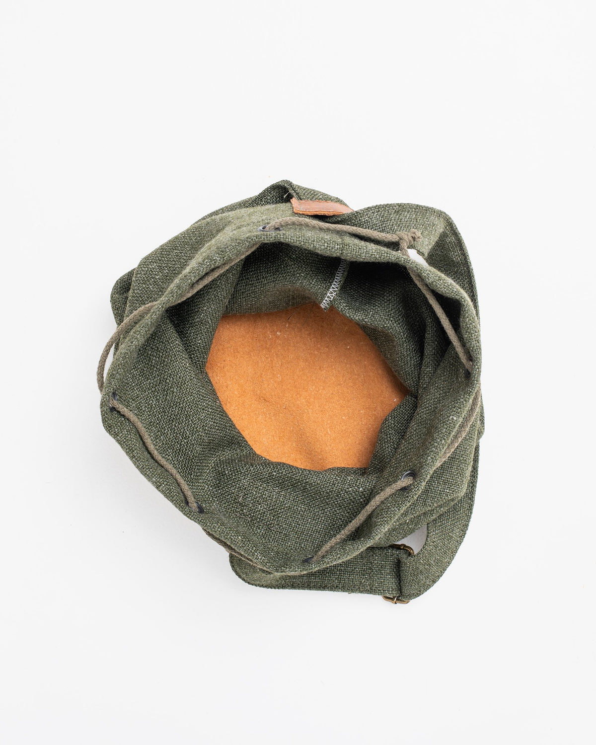 5. Top view of Trendbag Märss upcycled bag in green, showing interior and drawstring closure