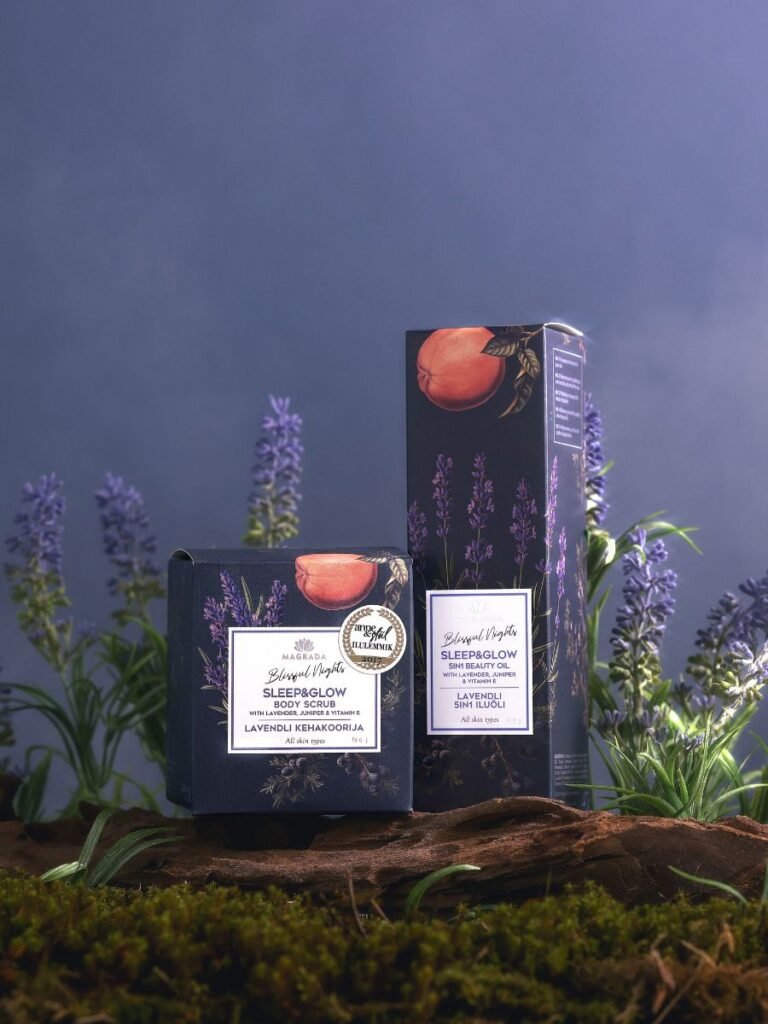 4. Magrada Sleep&Glow Body Gift Set with lavender and grapefruit packaging in natural setting