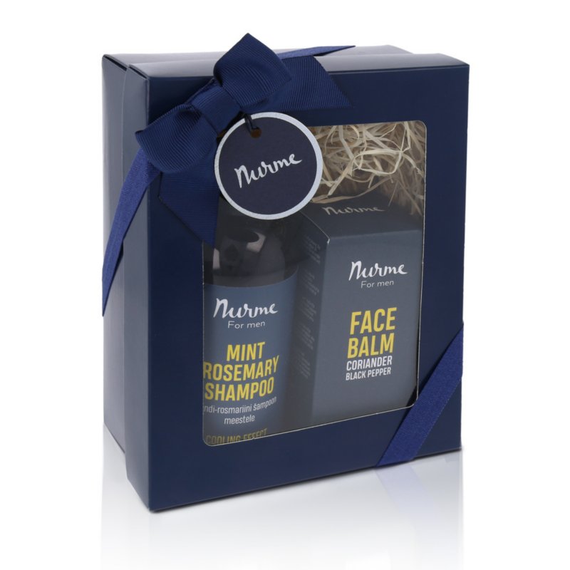 3. Nurme men's gift set featuring mint rosemary shampoo and face balm, packaged in elegant blue gift box