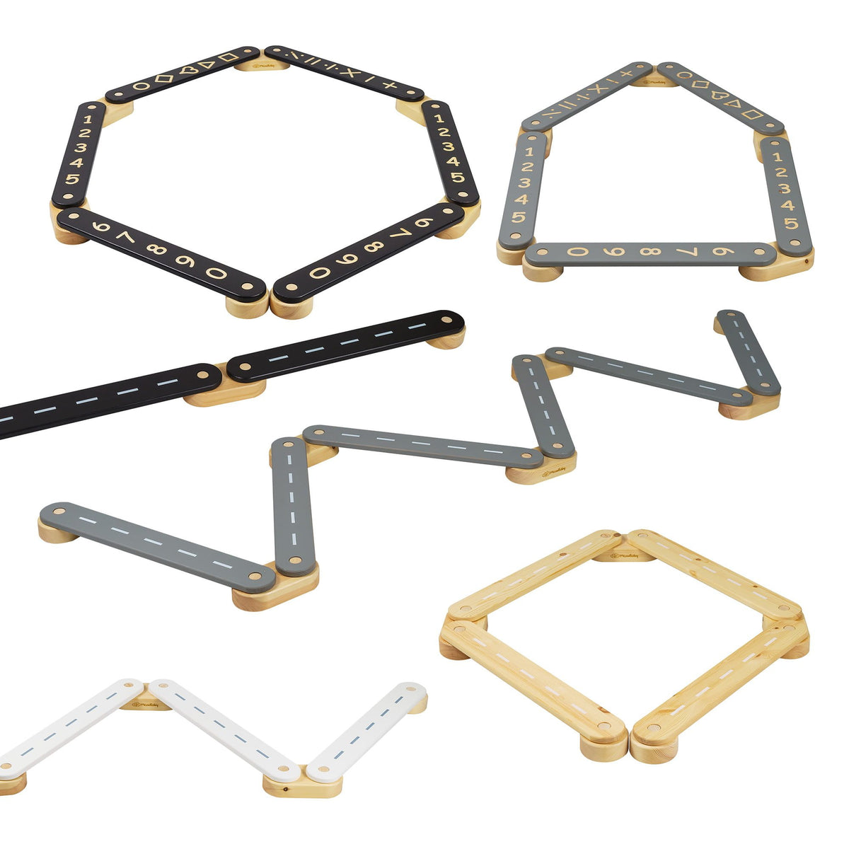 2. Various configurations of wooden balance beams in black, grey, and natural wood with numbers and road designs