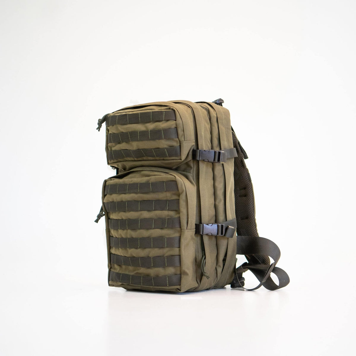 1. Galvi Linda Backpack 063 in military green, side view showing two large compartments and Molle system, studio setting
