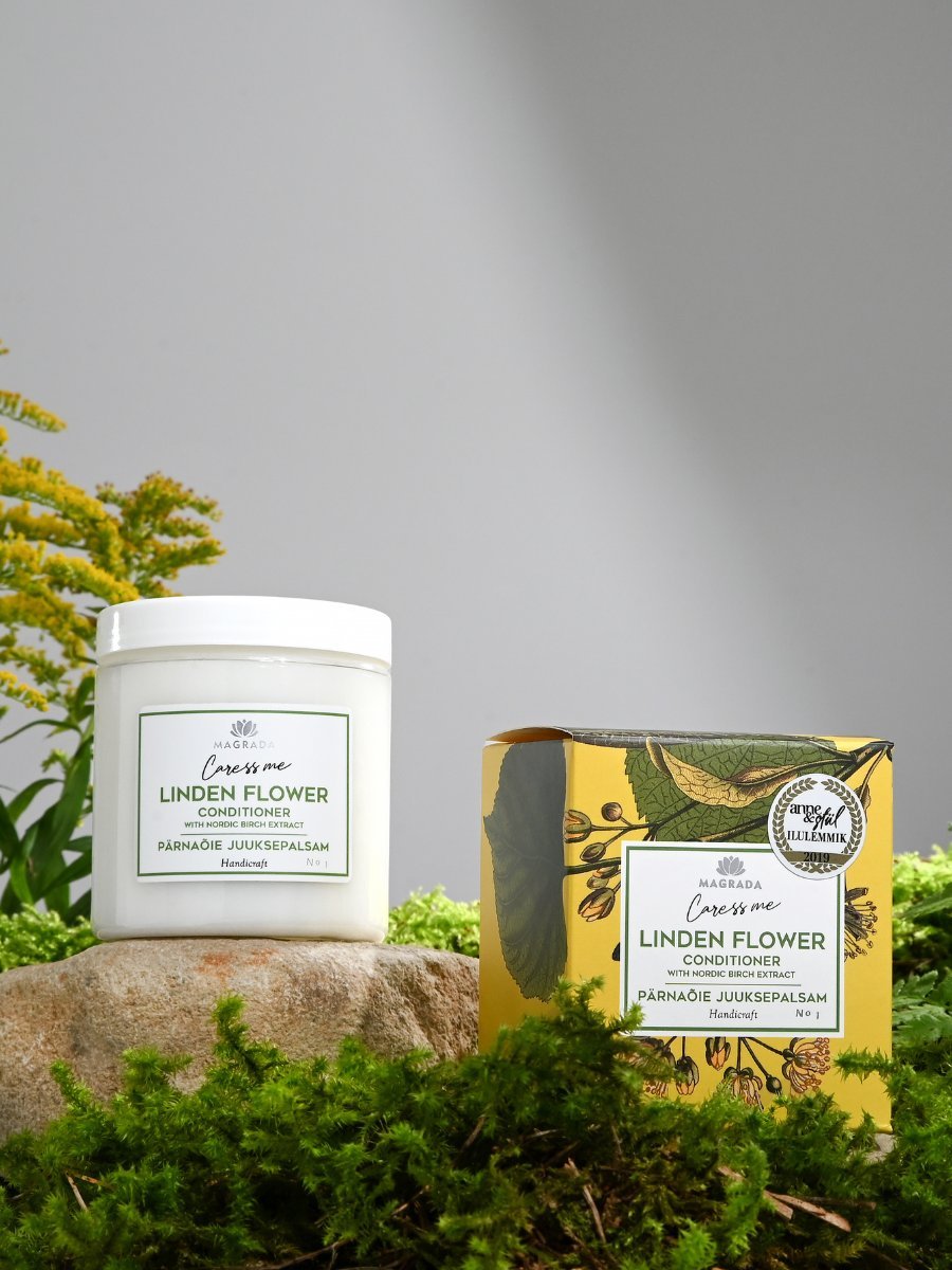 1. Magrada Organic Cosmetics Linden Flower Conditioner with Nordic Birch Extract, shown with packaging on a natural setting