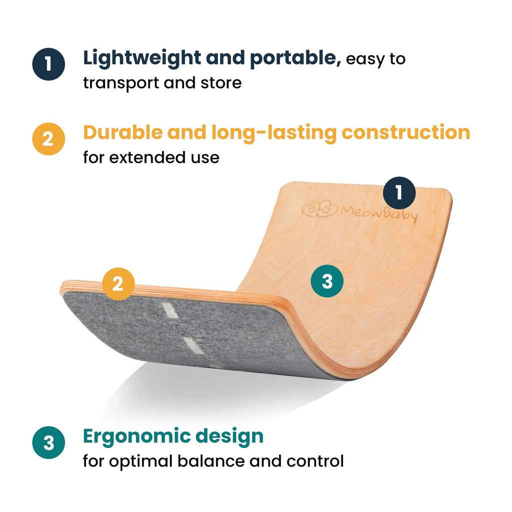 5. Size chart for MeowBaby balance board highlighting lightweight, durable, and ergonomic design features