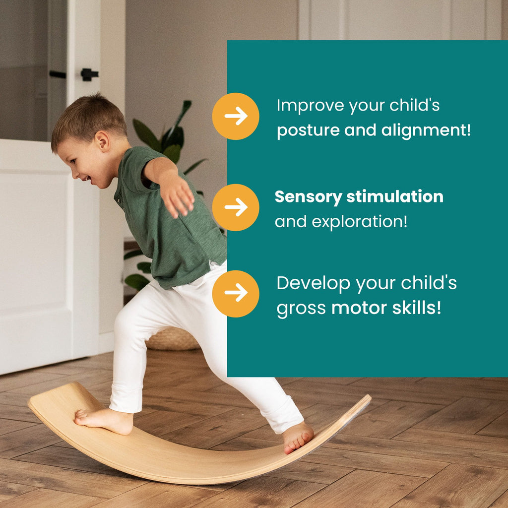 1. Boy balancing on beige board in living room, demonstrating posture and motor skills