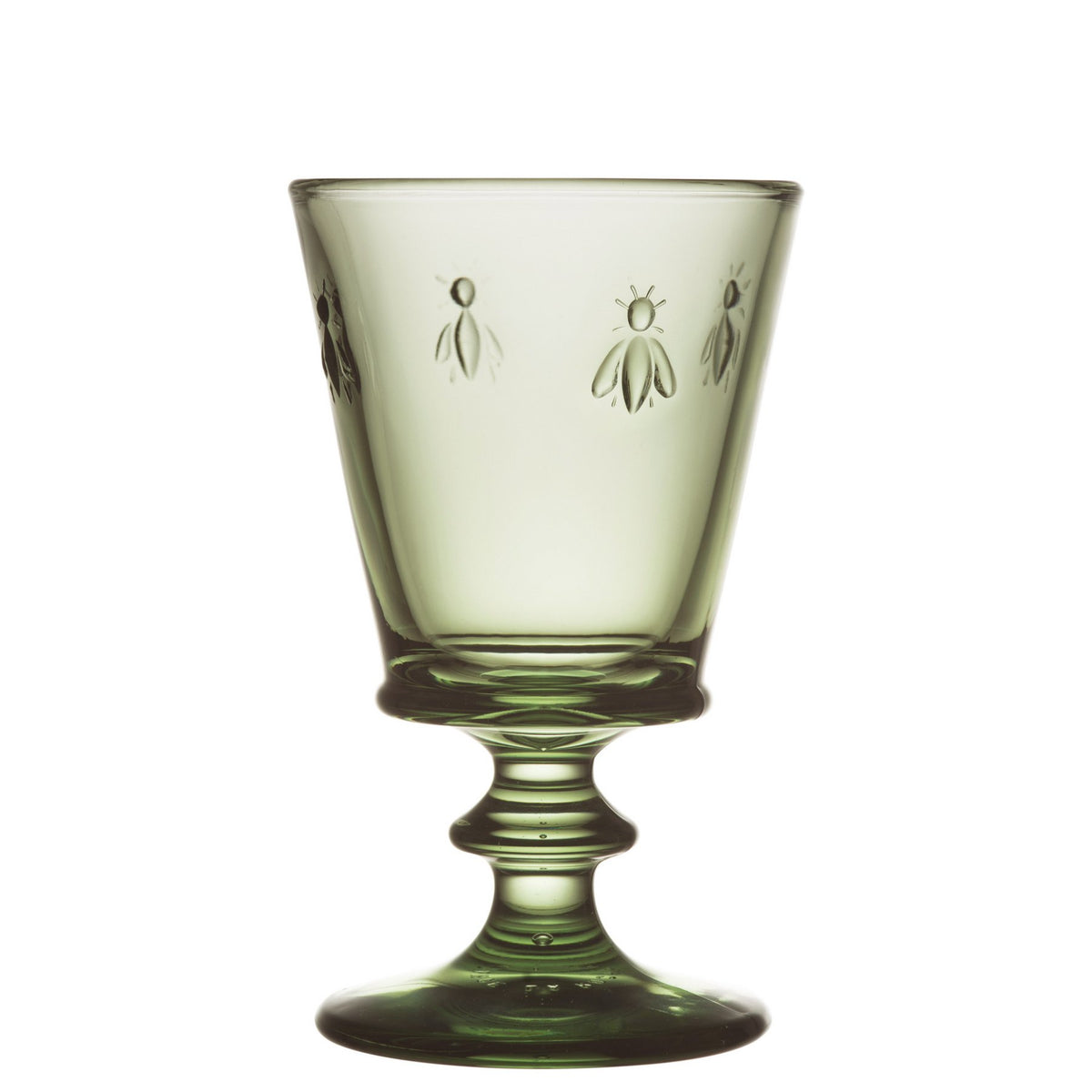 5. Single green La Rochère Bee Glass with embossed bee motif on a white background