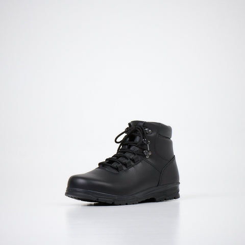 2. Side angle of Samelin 604278100 waterproof boots in black, highlighting smooth chrome leather and lace-up closure