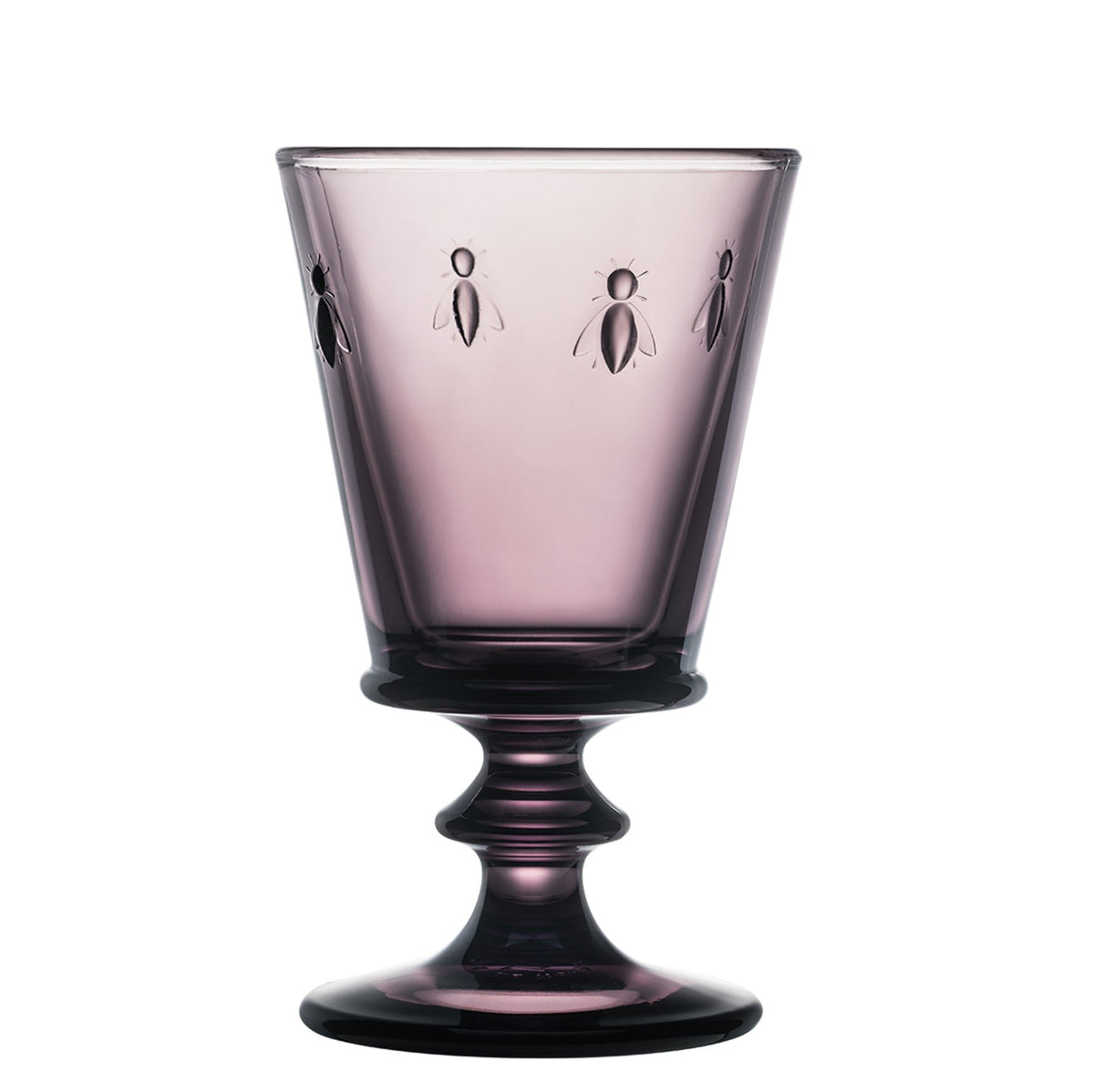 3. Single eggplant purple La Rochère Bee Glass with embossed bee motif on a white background