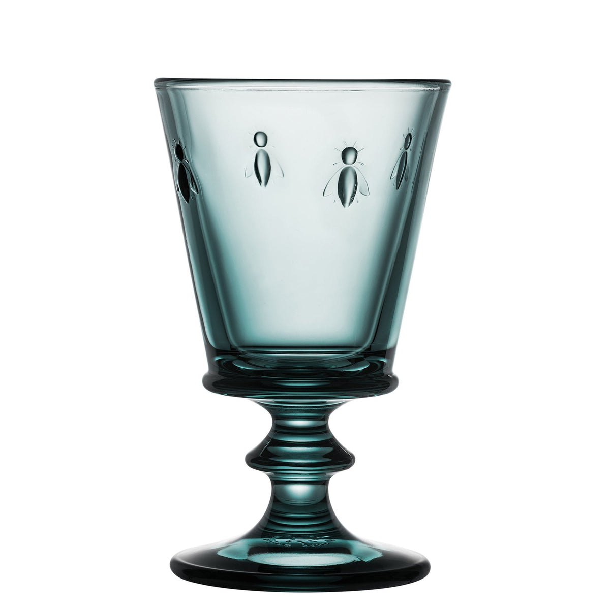 4. Single blue La Rochère Bee Glass with embossed bee motif on a white background