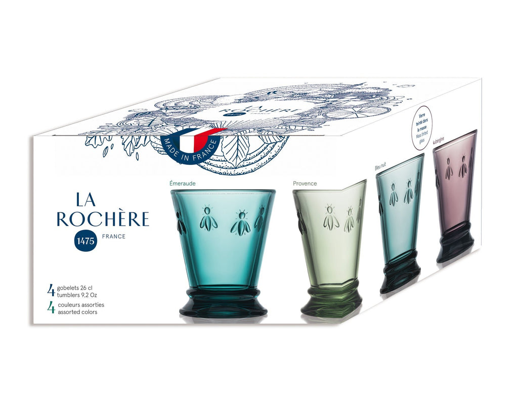 6. Packaging of La Rochère Bee Water Glasses set of four in assorted colors with bee motif