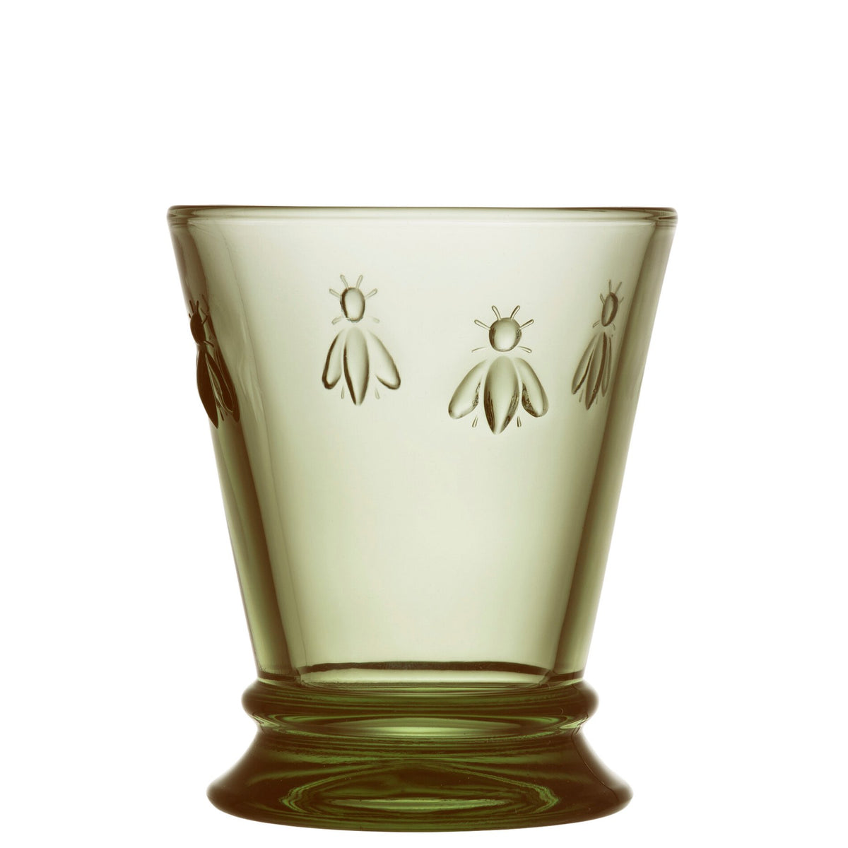 2. Single La Rochère Bee Water Glass in green with embossed bee motif, shown in studio lighting