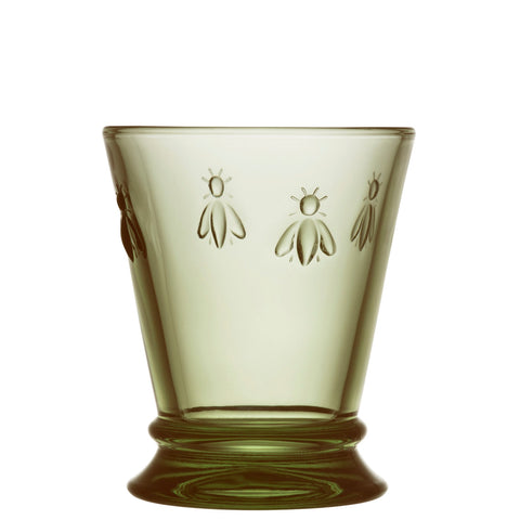 2. Single La Rochère Bee Water Glass in green with embossed bee motif, shown in studio lighting