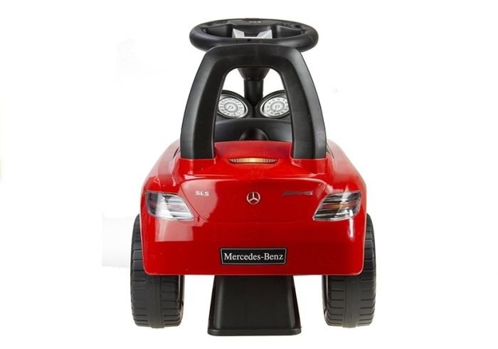 1. Rear view of red Milly Mally ride-on Mercedes for kids with black steering wheel and Mercedes-Benz logo