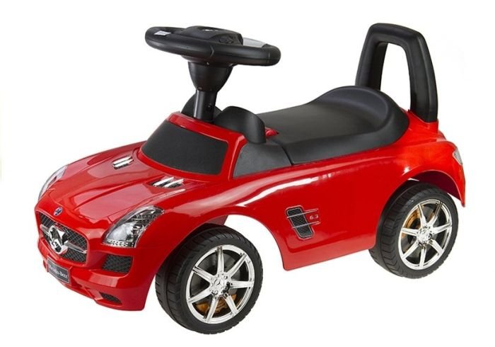 6. Side view of red Milly Mally ride-on Mercedes for kids with black seat and silver wheels