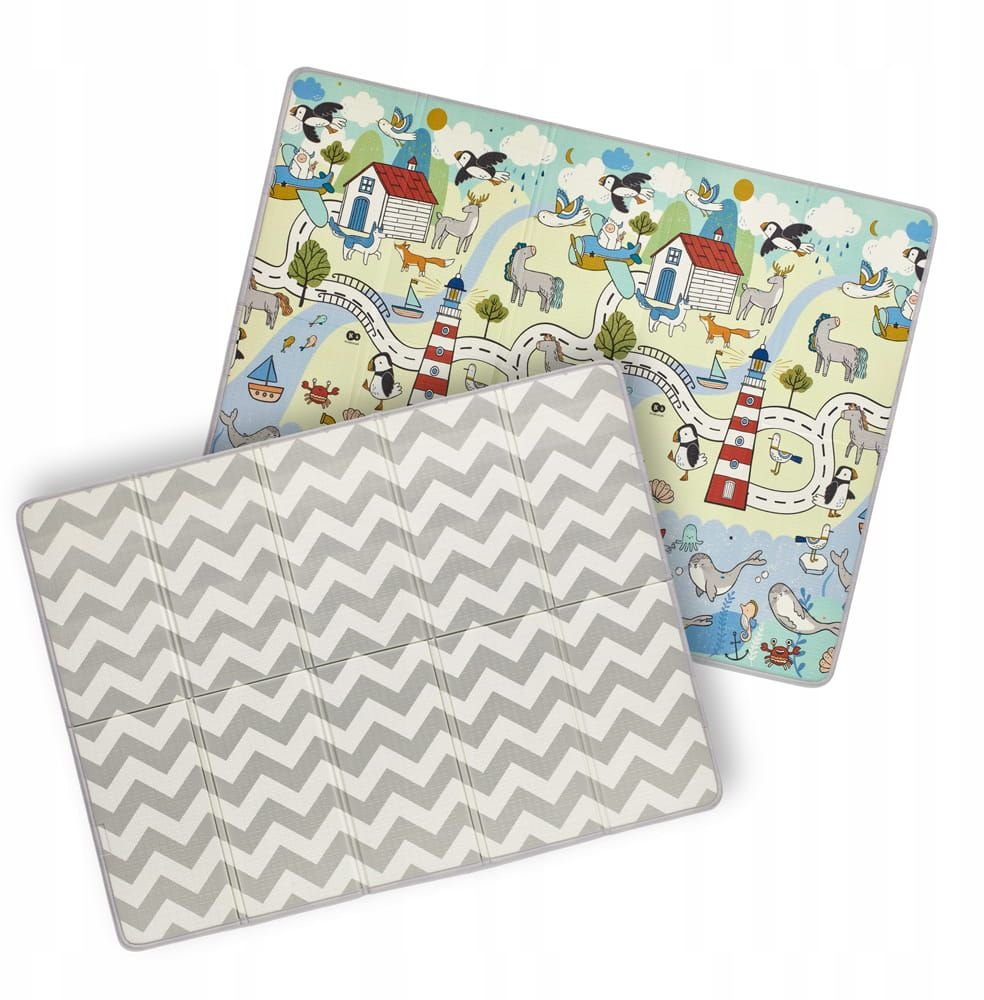 1. Double-sided playmat with colorful children's print and grey chevron pattern