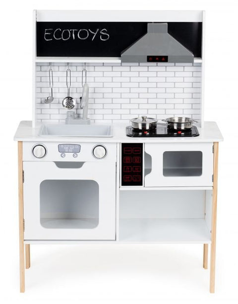 2. Front view of Ecotoys wooden play kitchen with stovetop, oven, microwave, and utensil hooks, featuring a white and natural wood design